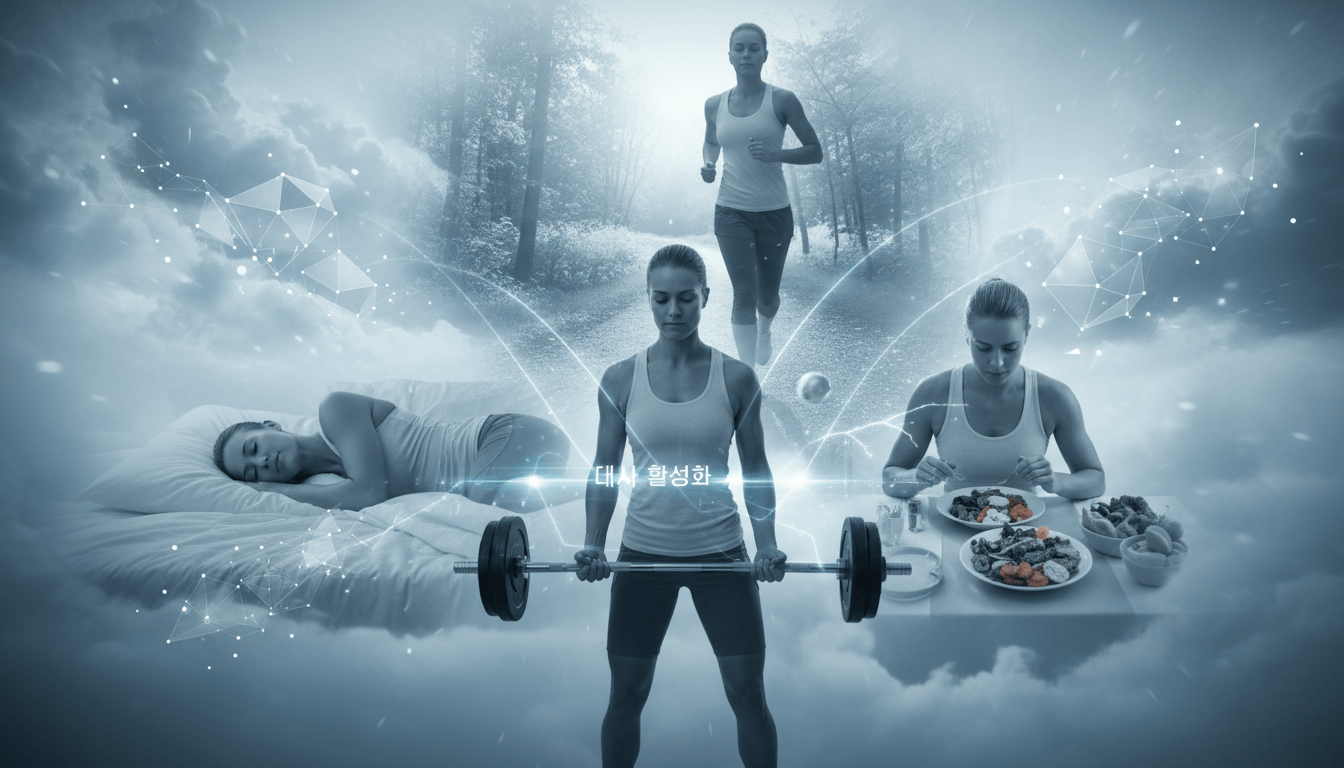 활기찬 사람이 근력 운동, 건강한 식사, 충분한 수면 등 기초대사량을 높이는 다양한 활동을 동시에 하는 모습.