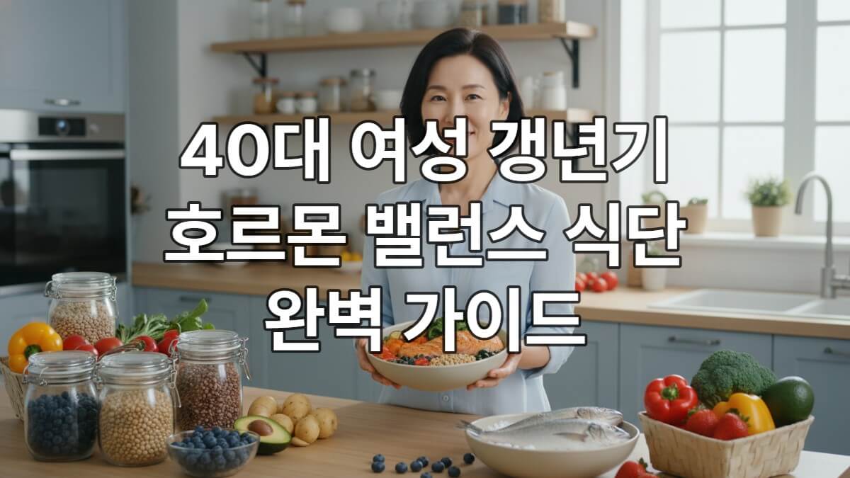40대 한국 여성이 신선한 채소와 건강한 식재료로 가득 찬 주방에서 미소 짓고 있는 모습. 갱년기 호르몬 밸런스 식단의 중요성을 상징합니다.
